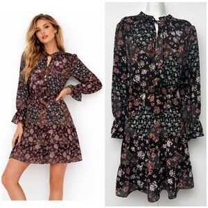 EMMA & MICHELE | Floral Black Cream Merlot Long Sleeve Tiered Necktie Boho Dress